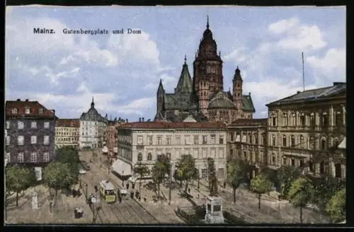 AK Mainz, Gutenbergplatz mit Strassenbahn