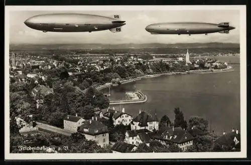 AK Friedrichshafen a. B., Luftschiffe Graf Zeppelin und Graf Hindenburg über der Stadt, 