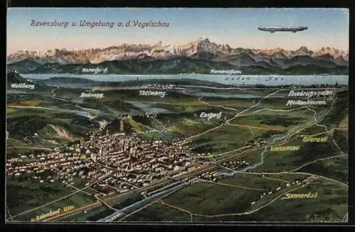 Künstler-AK Eugen Felle: Ravensburg, Zeppelin über dem Bodensee