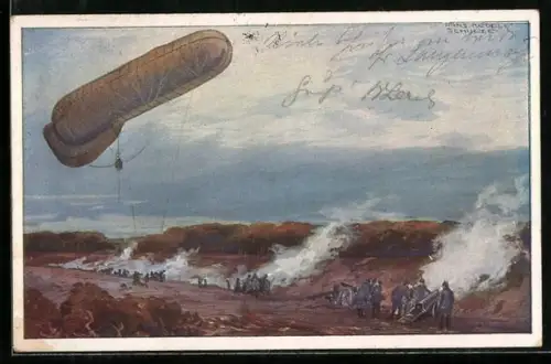Künstler-AK Hans Rudolf Schulze: Fesselballon beobachtet die Wirkung der Artillerie