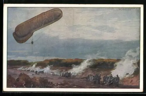Künstler-AK Hans Rudolf Schulze: Fesselballon beobachtet die Wirkung der Artillerie