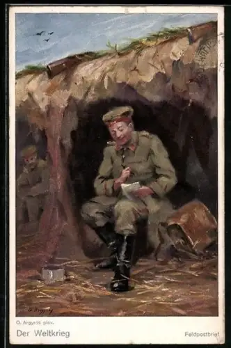 AK Feldpost, Soldat im Schützengraben schreibt einen Brief