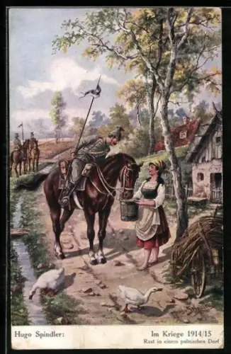 Künstler-AK Hugo Spindler: Ulan macht Rast in einem polnischen Dorf im Kriege 1914 /15, Gänse