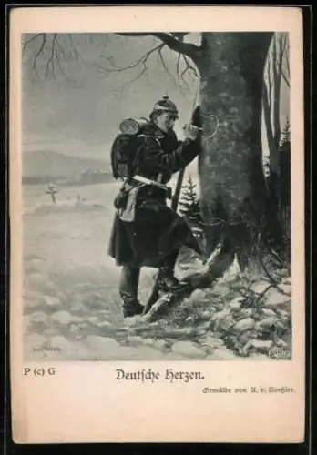 Künstler-AK Deutsche Herzen, Infanterist ritzt Herz in Baumrinde