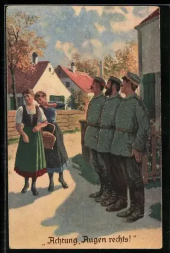 Künstler-AK Achtung, Augen rechts, Soldaten betrachten junge Frauen