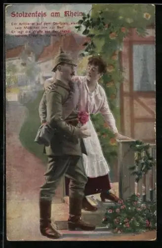 AK Soldat in Uniform wird von einer Frau in Empfang genommen