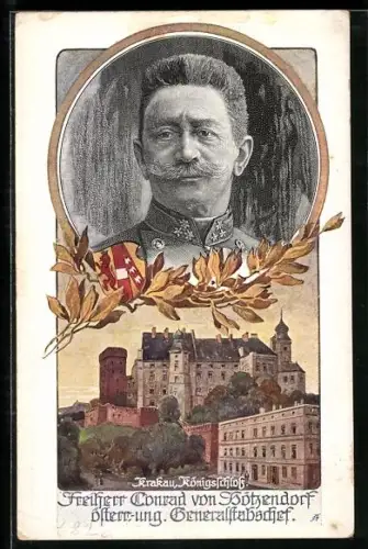 AK Krakau-Krakow, Königsschloss, Portrait Freiherr Conrad von Hötzendorf, Wappen