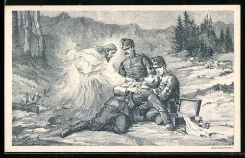 Künstler-AK Sanitäter bergen tödlich verwundeten Soldaten, Gottes Erscheinung, Rotes Kreuz