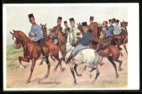 Künstler-AK Fritz Schönpflug: Rossebändiger, Soldatenhumor