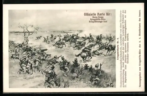 Künstler-AK Rotes Kreuz Nr. 4: Österreichisch-ungarische Infanterie weist eine Kosacken-Attacke zurück