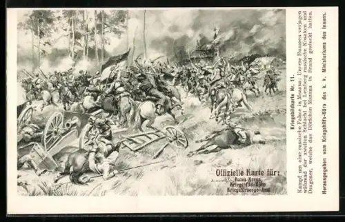 AK Rotes Kreuz Nr. 11, Mszana, Szene von einer Schlacht mit Husaren, Kosaken und Dragonern
