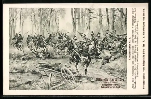 AK Rotes Kreuz Nr. 8: Soldaten reiten ins Gefecht im Wald, Kriegsfürsorge