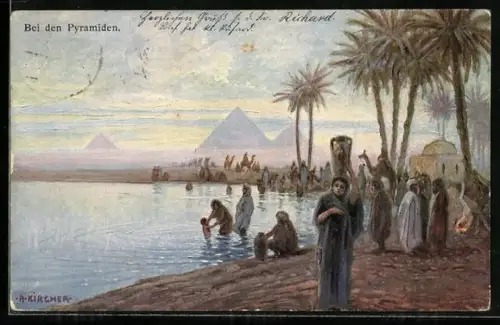 Künstler-AK Alexander Kircher: Bei den Pyramiden, Partie am Ufer mit Palmen und badendem Kind