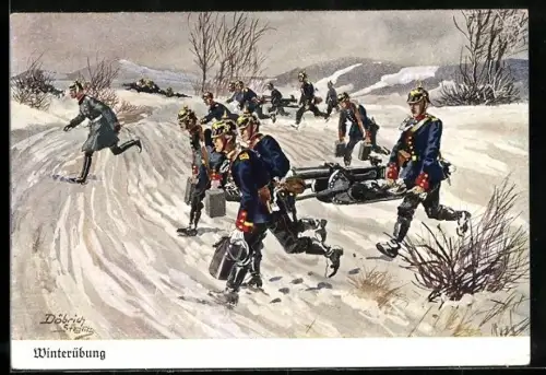 Künstler-AK Döbrich-Steglitz: Soldaten mit Kanonen auf Übung im Winter