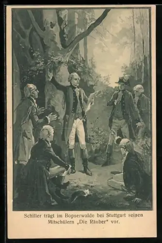 AK Stuttgart, Friedrich Schiller trägt im Bopserwalde seinen Mitschülern Die Räuber vor