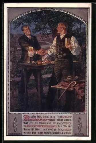 Künstler-AK Kuderna: Deutsch sein, heisst treu sein, Zwei Männer begrüssen sich beim Essen, Deutscher Schulverein