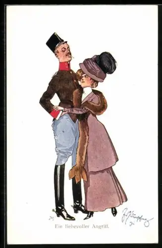 Künstler-AK Fritz Schönpflug: Ein liebevoller Angriff, Soldat in Uniform mit Frau