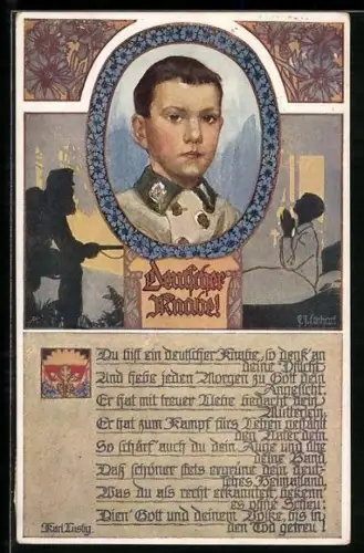 AK Deutscher Schulverein NR 891: deutscher Knabe betet im Bett, Jungenporträt, Infanterist auf Patrouille