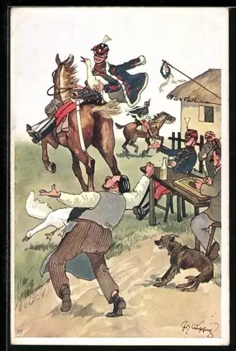 Künstler-AK Fritz Schönpflug: KuK Husar stielt Gans, Soldatenhumor