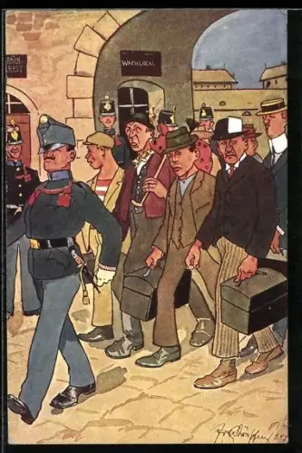 Künstler-AK Fritz Schönpflug: Männergruppe marschiert hinter Soldaten her, Wachlocal