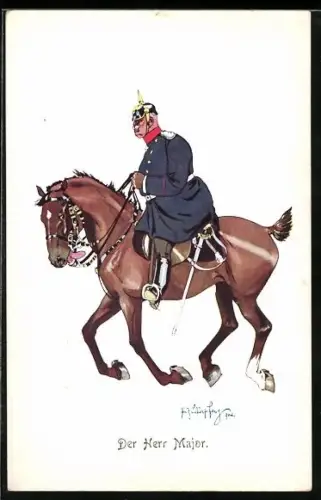 Künstler-AK Fritz Schönpflug: Major mit Pickelhaube und Degen zu Pferde
