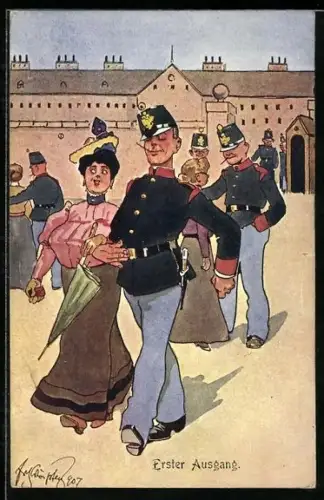 Künstler-AK Fritz Schönpflug: Soldat führt seine Frau aus