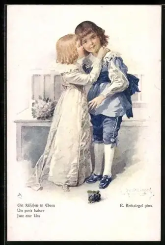 Künstler-AK E. Reckziegel: Mädchen gibt einem Jungen einen Kuss