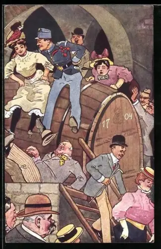 Künstler-AK Fritz Schönpflug: Leute beim Fasselrutschen