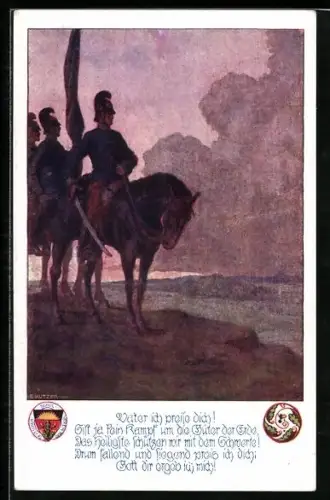 Künstler-AK Ernst Kutzer: Vater ich preise dich!..., Soldaten in Uniform zu Pferde, Deutscher Schulverein