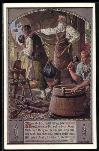 Künstler-AK Kuderna, Deutscher Schulverein NR 803: Böttcher-Werkstatt