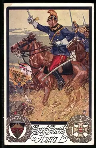 AK Deutscher Schulverein Nr. 686: Marsch! Marsch! Hurra!, Kavalleristen im Angriff