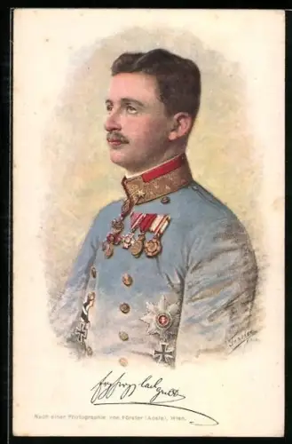Künstler-AK Kaiser Karl I. von Österreich in Uniform mit Orden, Rotes Kreuz