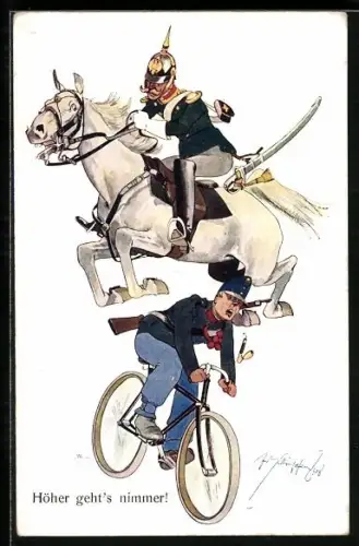 Künstler-AK Fritz Schönpflug: Höher geht`s nimmer, Deutscher Soldat mit Pickelhaube zu Pferde