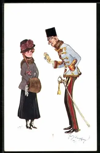 Künstler-AK Fritz Schönpflug: Alter schützt vor Liebe nicht, alter Soldat macht junger Dame ein Geschenk