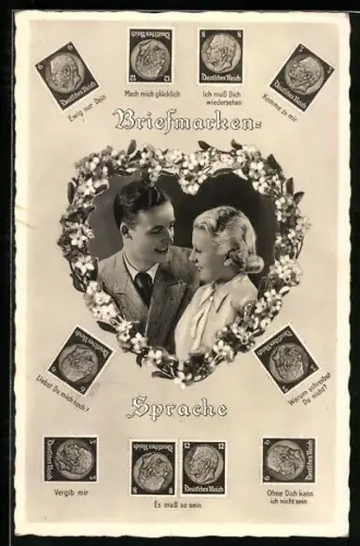 AK Briefmarken des Deutschen Reiches in unterschiedlichen Positionen und Paar eingefasst von einem Blütenherz