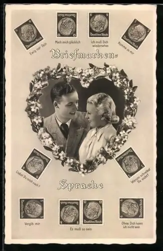 AK Briefmarkensprache, junges Paar in einem Blumenherz, Briefmarken