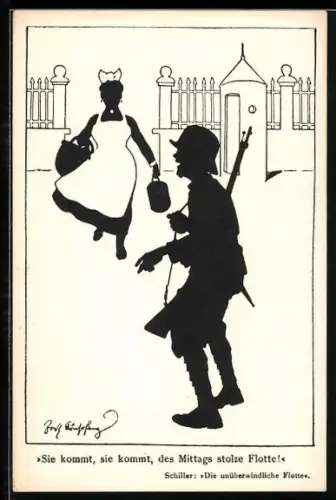 Künstler-AK Fritz Schönpflug: Sie kommt, sie kommt, des Mittags stolze Flotte!, Soldat freut sich über das Dienstmädchen