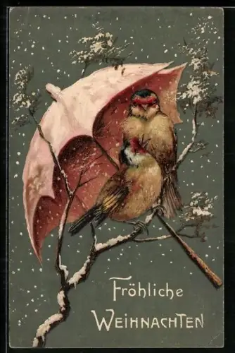 AK Fröhliche Weihnachten, Kleine Vögel schützen sich mit Schirm vor dem Schnee