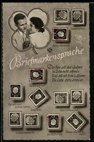 AK Briefmarkensprache, junges Paar im Kleeblatrahmen, Ewig dein, Ich lieb dich sehr und weitere Ausdrücke