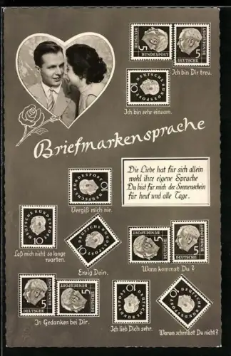 AK Paarportrait in einem Herzen mit Briefmarkensprache