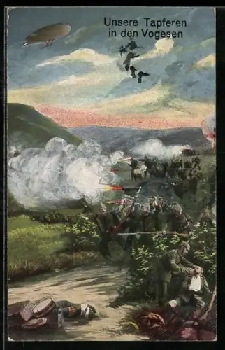 AK Deutsche Truppen im Gefecht mit Zeppelin über dem Schlachtfeld in den Vogesen