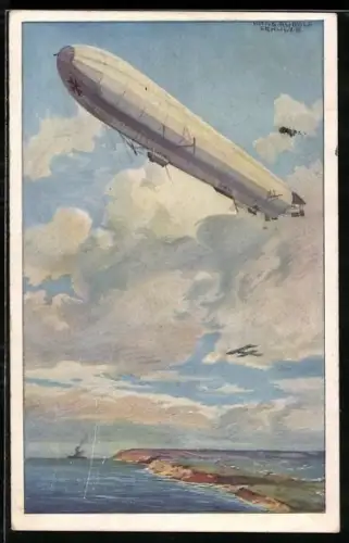 Künstler-AK Hans Rudolf Schulze: Dt. Luftflotten-Verein, Reichsmarineluftschiff, Wacht an der deutschen Ostseeküste