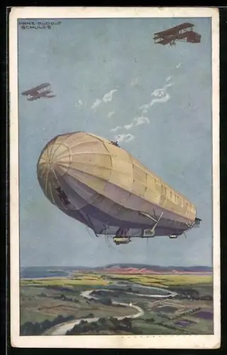 Künstler-AK Hans Rudolf Schulze: Deutscher Luftflotten-Verein, Miliutärluftkreuzer Hansa, Luftschiff, Zeppelin