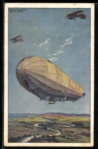 Künstler-AK Hans Rudolf Schulze: Deutscher Luftflotten-Verein, Miliutärluftkreuzer Hansa, Luftschiff, Zeppelin
