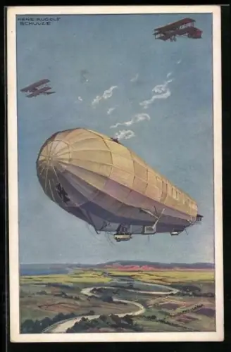 Künstler-AK Hans Rudolf Schulze: Deutscher Luftflotten-Verein, Miliutärluftkreuzer Hansa, Luftschiff, Zeppelin