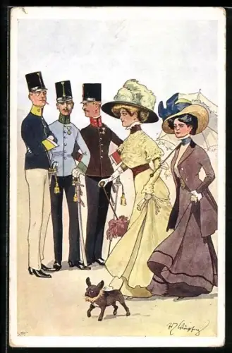 Künstler-AK Fritz Schönpflug: Soldaten begutachten vorbeigehende Damen