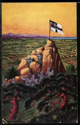 Künstler-AK Tsingtau, Soldaten auf Beorbachtungsposten vor der Stadt