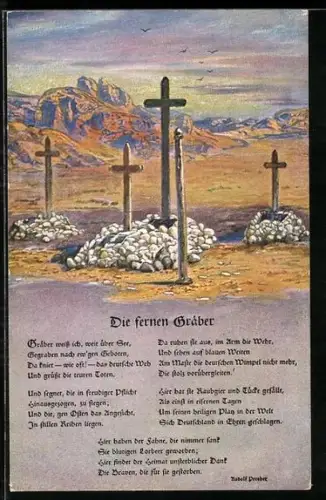 AK Deutsche Kriegsgräber in Südwestafrika, Lied Die fernen Gräber, Kolonialkriegerdank