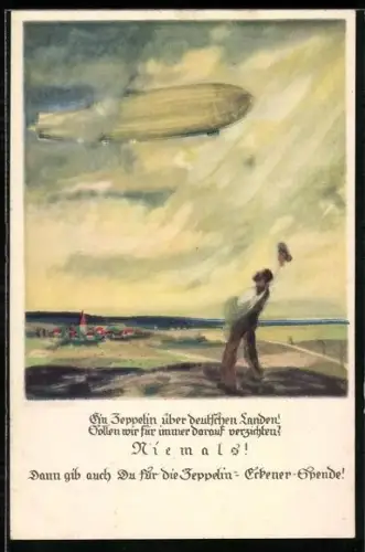 Künstler-AK Otto Amtsberg: Bauer winkt einem vorüberfahrendem Luftschiff zu