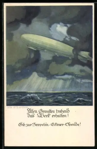 Künstler-AK Otto Amtsberg: Zeppelin fliegt bei Sturm über das Meer
